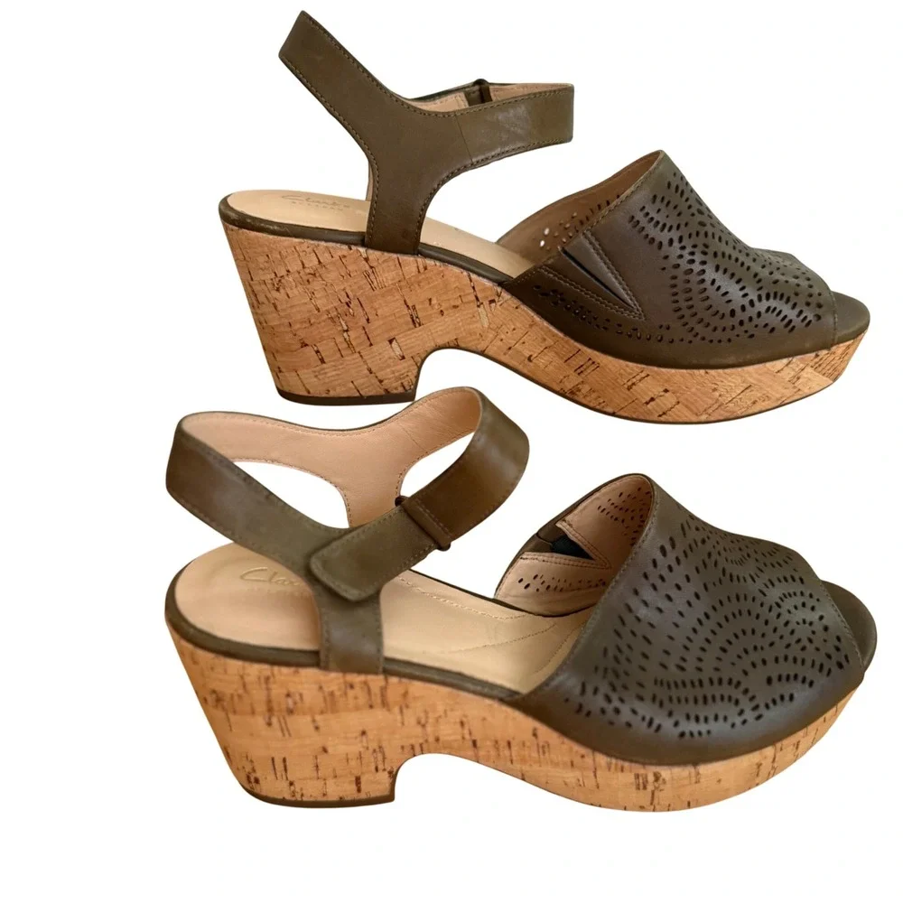 Clarks Maritsa Nila Wedge Women's Sandals Khaki Leather Platform Heels Size 9 - Picture 3 of 10